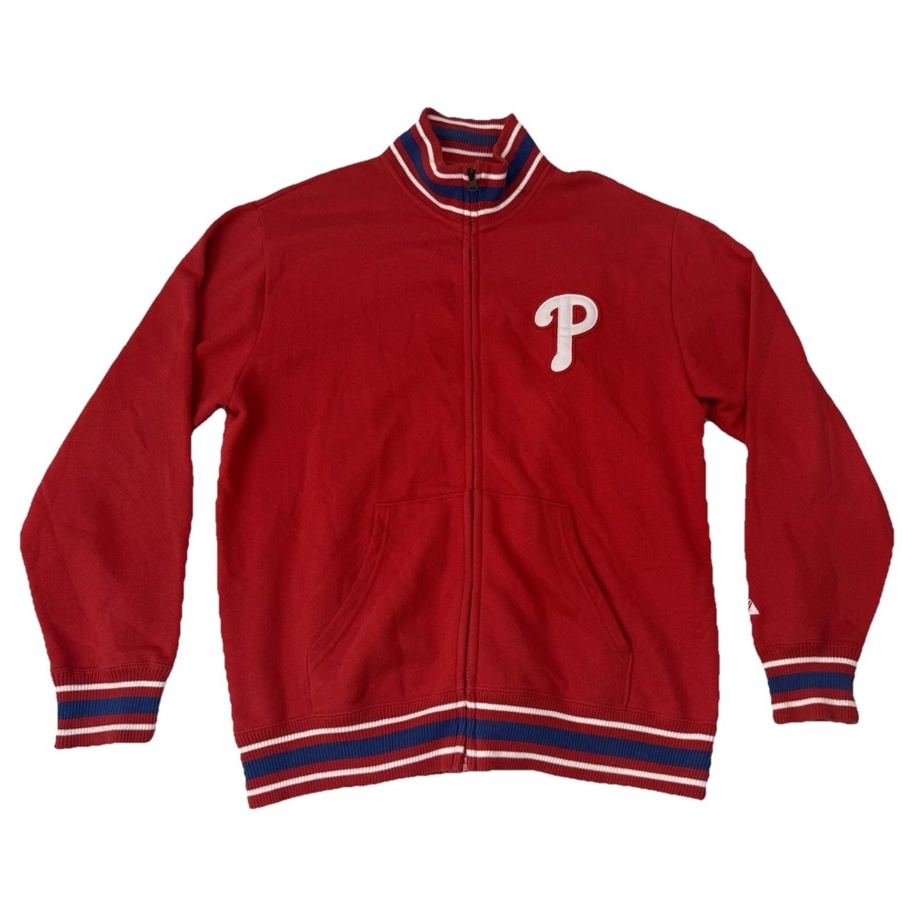 Majestic MLB Philadelphia Phillies Baseball Track Jacket Men Large Full Zip Red